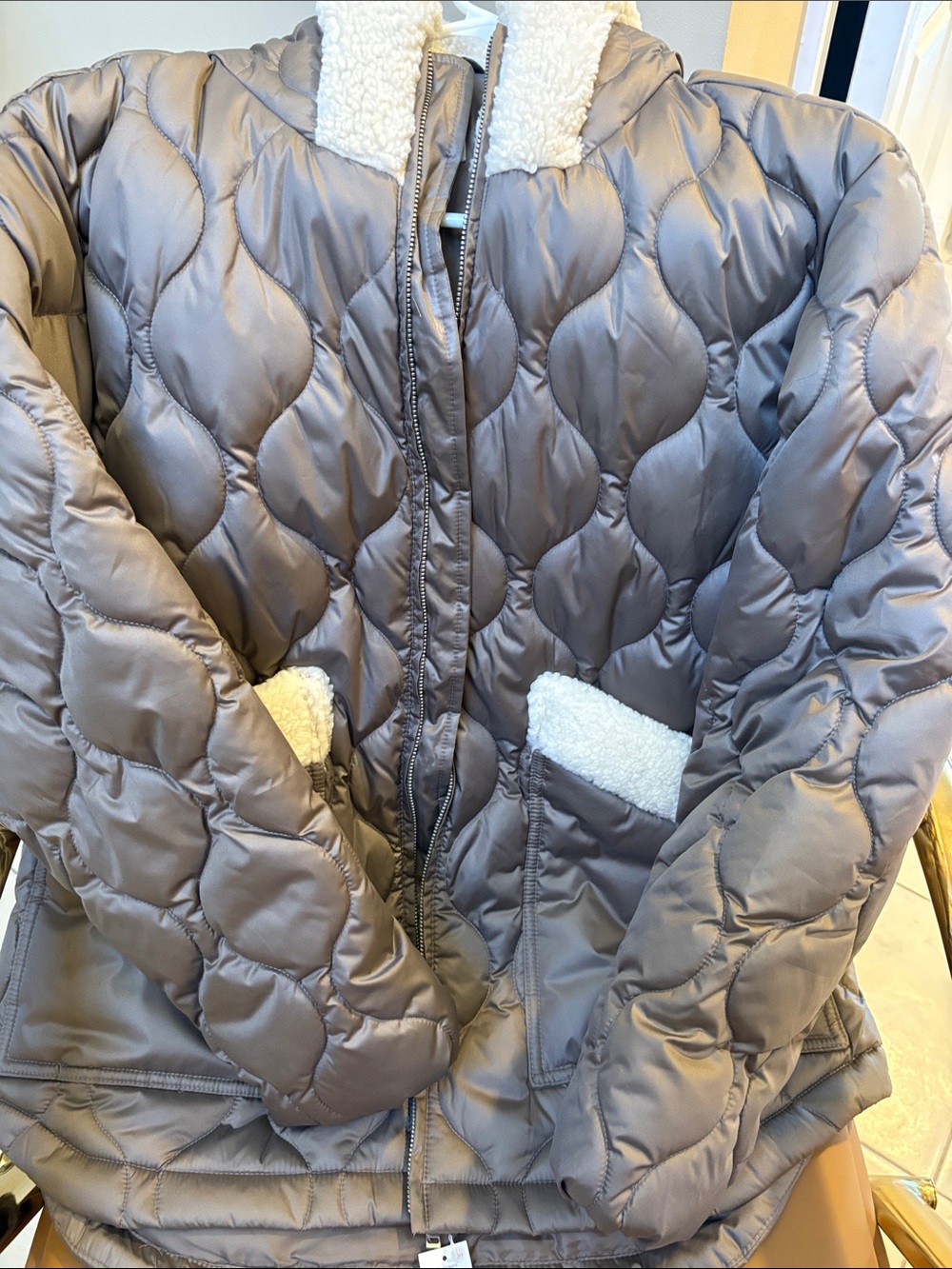 GAP Quilted Taupe Puffer Jacket with Sherpa Trim